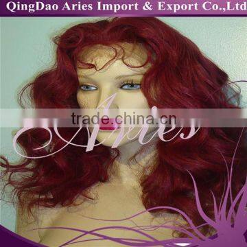 Human Hair lose wavy 99J Red Front Half Lace Hand-tied Wig