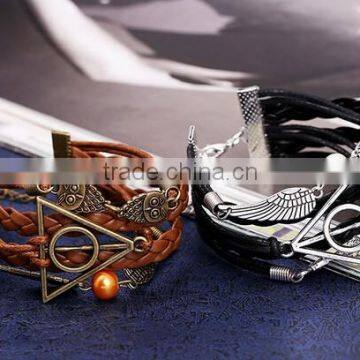 New Fashion owl deathly hallows angel wing leather bracelet DIY