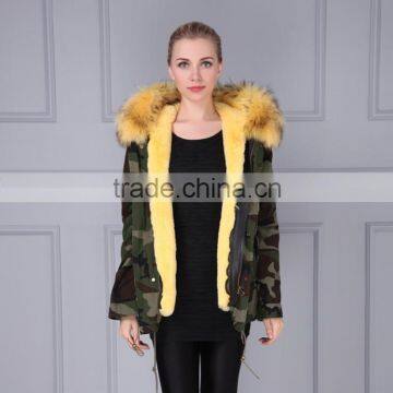 Camouflage cotton shell yellow color fur lining collar parka factory price