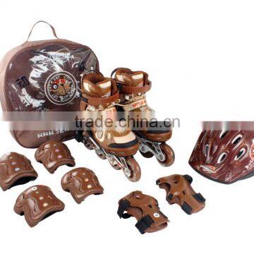 ACTION brand Inline Skate Set PW-132D Brown ABEC-5/7 Bearing Skate Aluminium Frame Roller Skates Suit Helmet Protection Protecto