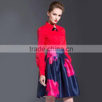 2016 Autumn Woman OL Blouse Skirt Suit Long Sleeve Red Top Blue Printing Bottom Set