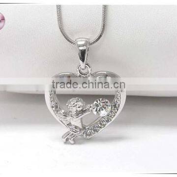 White Gold Plating Crystal Stud Angel in Heart Pendant Necklace