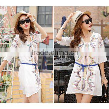 2016 Summer Fashion Women Midi Dresses Ladies Cotton Linen Half Sleeve Ethnic Embroidery Short Frock White Women Dress Model photo-3