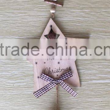 Wooden christmas star shaped hanging ornaments for home decoration xmas hanger with pinecone gifts as promotion