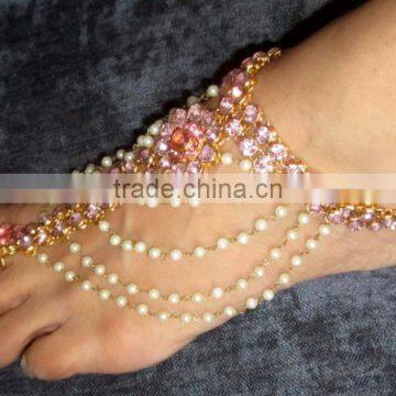 Gold Pink Crystal Pearl Anklets Toe Ring Barefoot Sandal PAYAL PAIR photo-2