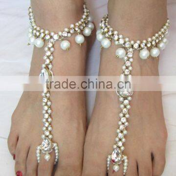 PAYAL Anklets pair CRYSTAL PEARL GOLD TONE WITH TOE RING , BAREFOOT SANDAL