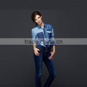 Hot Sale Women Denim Shirt With Pocket and Block Fashion Design Hot Sale photo-4