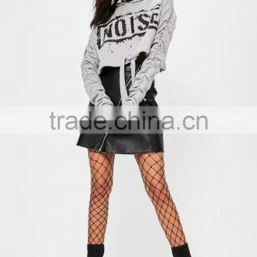 Grey Tie Hem Drawstring Cropped Hoodies Logo Print New Design Fashion Ruched Sleeve Hoodie For Women photo-3
