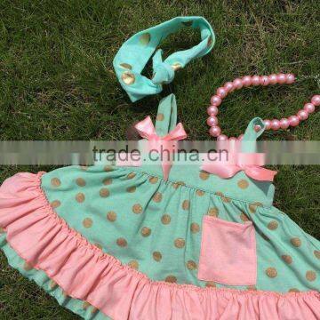 in Stock Golden Polka Dot Swing Top Sets Newborn Girl Clothes Kids Green Swing Top Sets With Necklace and Headband photo-3