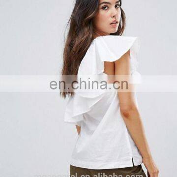 Ladies Latest White Cotton Shirt Cheaper Wholesale Ruffle Design for Women photo-4