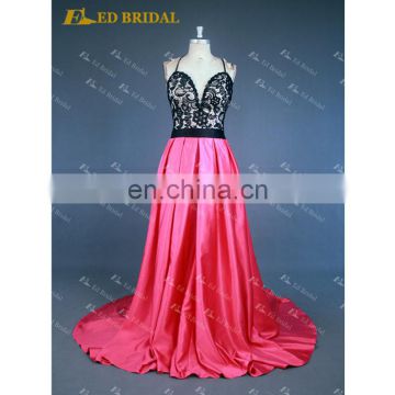 LN144 Real Sample Sexy Backless Criss Cross Spaghetti Straps Black Lace Top Fuchsia Prom Dress Patterns