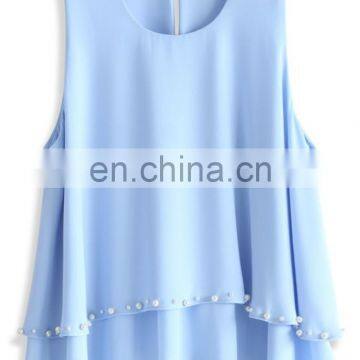 women sleeveless blue weinkle pearls chiffon top blouse