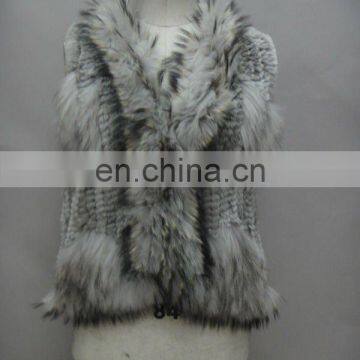 Rabbit Fur Hand Knitted Gilet With Raccoon Dog Fur Collar Fashion Real Fur Women Gilet STY.NO. 2003#