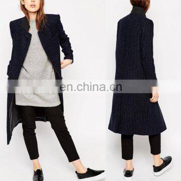 Plus size autumn winter stand collar straight cut long sleeve 2016 women coat in pinstripe