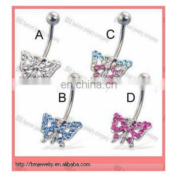 Belly button ring with jeweled butterfly dangle body piercing jewelry