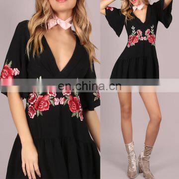 Mika72113 Summer Black Sexy Ethnic Floral Patch Frill Beach Ladies Romper Jumpsuit 100% Polyester