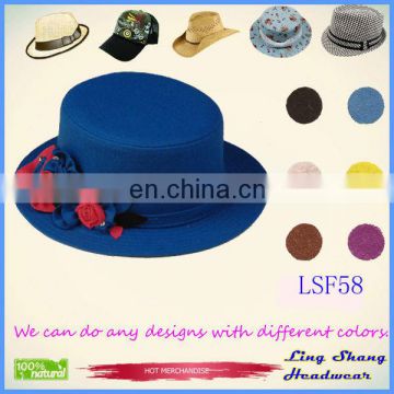 LSF58 Ningbo lingshang Hot sell hat Elegant Blue Flower Fabric Fedora Hat