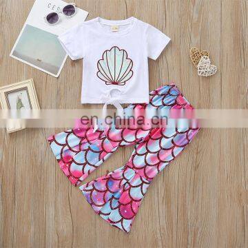 Shell pattern Top and mermaid printing bell bottom 2pcs Baby Girl summer suit wholesale price