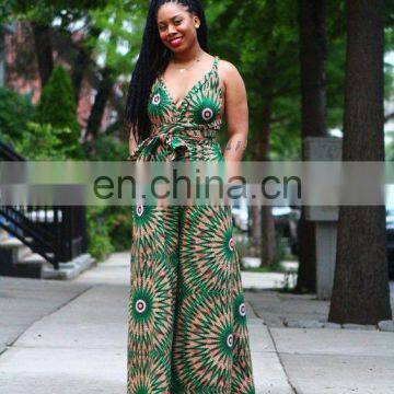 Wholesale Sexy Ladies V-neck Wide Leg Opening Women's African Print Floral Jumpsuits Culottes photo-3