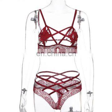 Women Erotic Wine Red Opne Cup Bra Bandage Pants Sexy Woman Cupless Flora Bra Underwear Lingerie Bralett photo-3