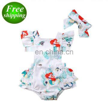 Infant Baby Girls Clothing Newborn Cartoon Mermaid Bodysuit Girls Romper Jumpsuit Cute Headband Outfit Baby Clothes Set free