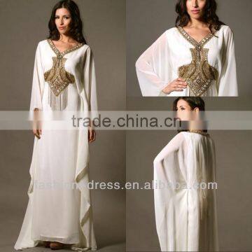 2014 New Long Sleeve Ivory Chiffon Turkish Evening Dress With Gold