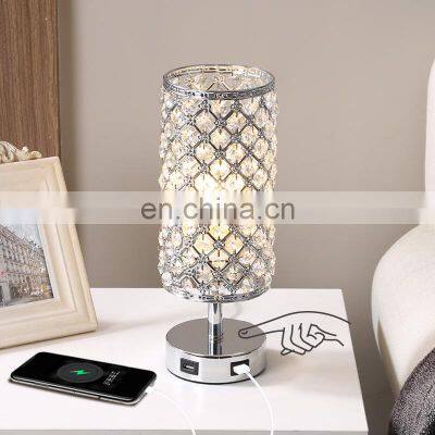 crystal touch control dimming lamp with double USB rechargeable night table desk bedroom bedside table lamp