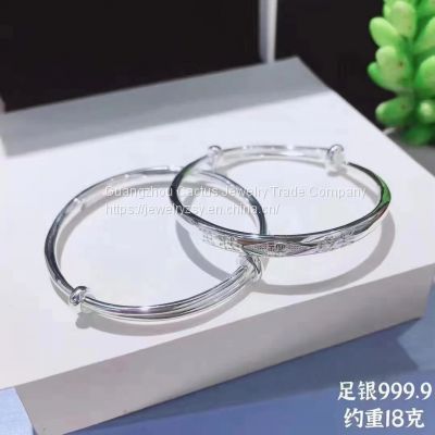 S999 Foot silver bracelet Women solid Smooth Silver Bracelet Push pull silver bracelet Young girl friend mother birthday present.