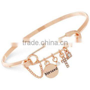 latest design fashion jewelry personalized rose gold plated Blessed Safety Pin Charm Bracelet