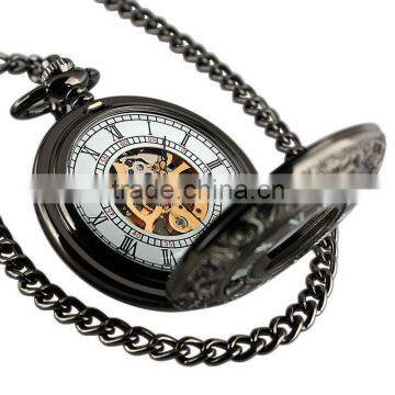 ESS Black Stainless Steel Skeleton Mechanical Pocket Watch With Chain WP117