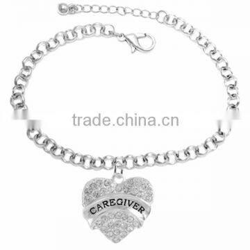 Genuine Austrian Clear Crystal "CAREGIVER" Heart Charm Chain Link Bracelet