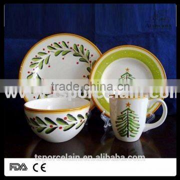 16pcs Hand Print Stoneware Dinner Set With Solid Color photo-3