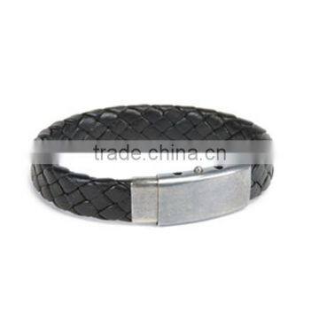 Stianless Steel Custom Engravable Leather Bracelet with Megnetic Clasp Braided Black Couple Bangle Made in China Wholesale