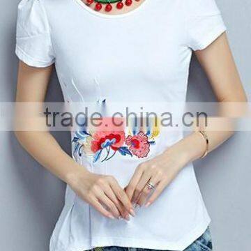 Folk embroidery show thin asymmetric hem with short sleeves in summer of Embroidery tshirts