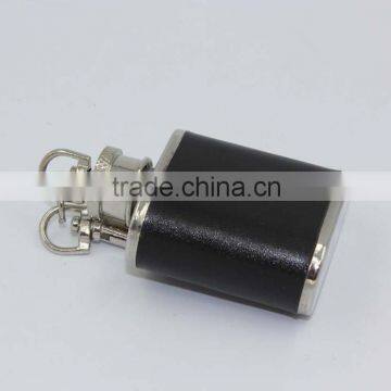 1oz Mini Stainless Steel Hip Flask Flagon With Keychain With Leather Sleeve photo-2