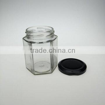 cheap price hexagonal glass jar with metal lid for jam honey 18cl multifunctional