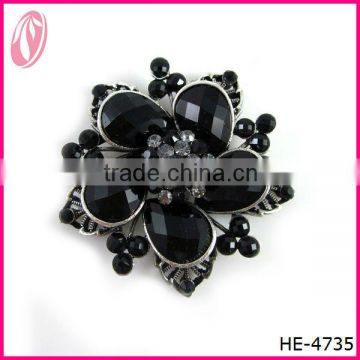 Silver Plated Black Enamel & Crystal 5 Leaf Clover Brooch