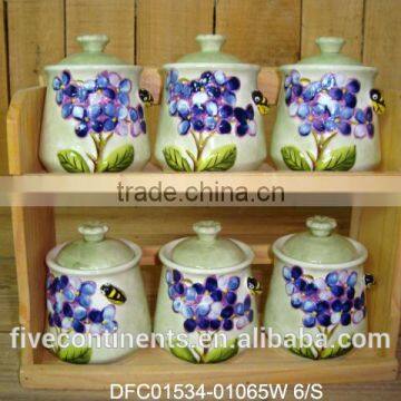 Ceramic 6pcs spice canistes set with wood