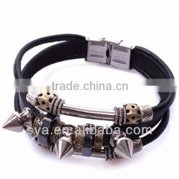 Sya 2014 Metal Charm Multi Layers Rivet Tungsten Steel Stone Alloy Leather Wrap Bracelets