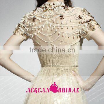 HT74 NEW Fashion Elegant High Neck Short Sleeve Prom Dresses Beaded Crystal A-line Floor Length Vestido Longo Azul photo-5