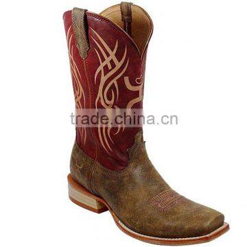 Tan stitched upper shaft square toe genuine leather western red hooey cowboy boots wholesale