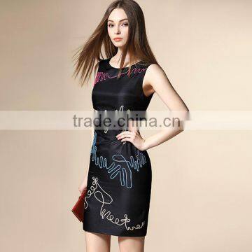 2016 superior quality sexy sleeveless short mini dress with embroidered pattern