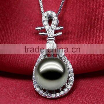Beautiful Chinese Lute Shape Tahiti AAAA Top Qualtity Round Black 10-11mm 925 Silver Sea Pearl Pendant photo-2