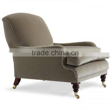 cheap bedroom furniture grey velvet fabric single sofa chair lounge chair with copper wheels foot