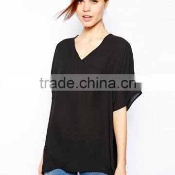 China wholesale shirt woman Polyester V- neckline New Designer Plain Black T shirts
