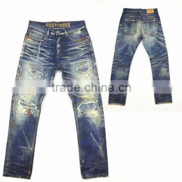 Custom High quality vintage wash distressed Japanese selvedge jeans denim selvedge denim jeans(LOTR008)