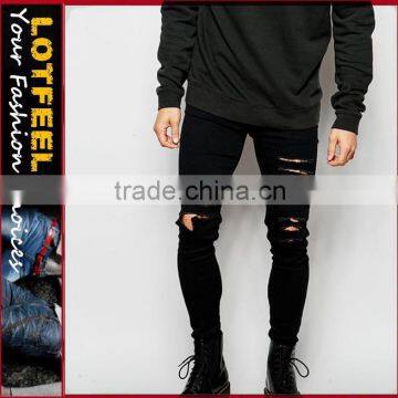 expensive jeans Distressed denim man jeans pant with Rip Knee mix jeans black jeans (LOTA016)