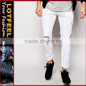 casual jeans Distressed denim man jeans pant with Rip Knee jeans made(LOTA045)