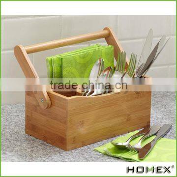 Bamboo cutlery holder utensil caddy w folding handle Homex-BSCI Factory