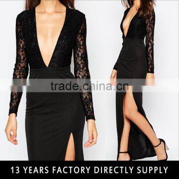 Black sexy lace side split dress picture of latest party wear frocks suits and gowns designs for adults